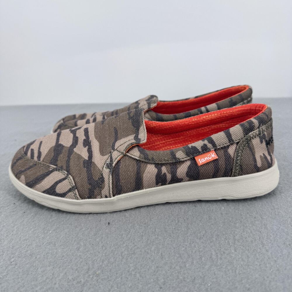 Sanuk Mossy Oak Shoes Womens Size 7 Brown Camo Canvas Slip On Flats Comfort